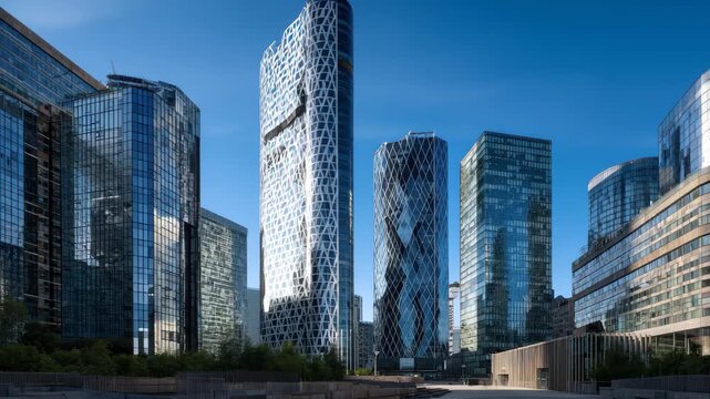 Modern cityscape showcasing contemporary office architecture under a clear blue sky in an urban area