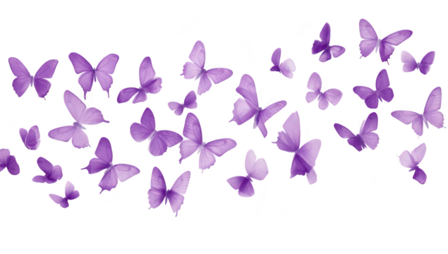 A graceful arrangement of purple butterflies fluttering across a white background. symbolizing transformation and beauty. ideal for nature-themed projects or designs