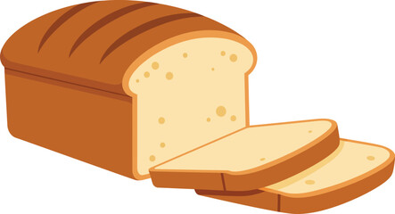 Freshly baked loaf of white bread with two slices cut revealing soft crumb perfect for sandwiches isolated on transparent background