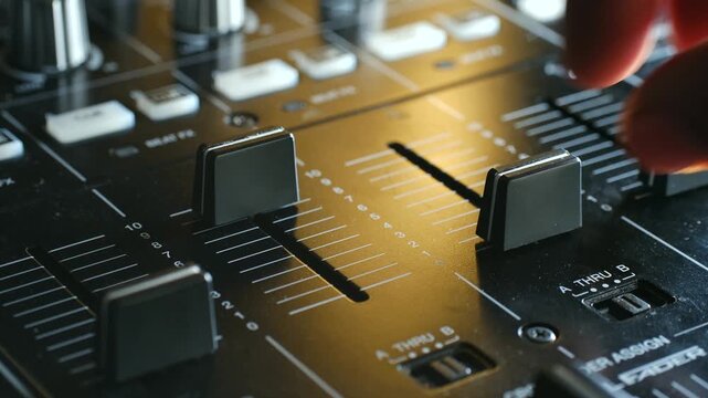 Professional dj moving a fader on an audio mixer to adjust the volume level during a music set. Close up shot of sound engineering equipment, perfect for concepts of nightlife and entertainment