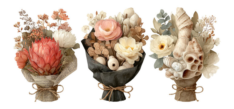 Botanical Illustrations of Floral Bouquets with Nature Elements and Shells