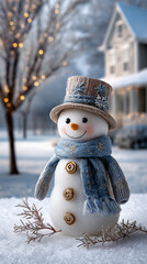 Cartoon charming and whimsical cheerful snowman standing in snow near house with Christmas lights.