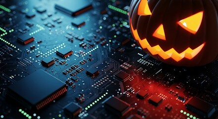 Spooky halloween pumpkin jack o lantern glowing with eerie light on a futuristic circuit board with intricate electronic components and glowing lights
