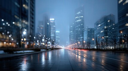 Fototapeta premium Urban Landscape Featuring Modern Skyscrapers at Night with Wet Asphalt Ground and City Lights in Soft Focus and Moody Blue Tone