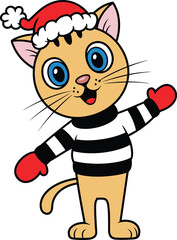 Ginger kitten in a red Santa hat and striped sweater waves with red mittens, a cute cartoon drawing.