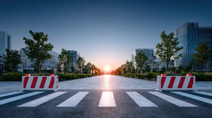 Urban Road Closure with Red and White Barriers at Sunset Featuring Architectural Buildings and Asphalt Street in an Urban Environment with a Cinematic Tone