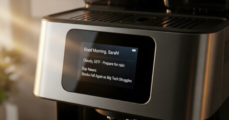 coffee maker displays personalized morning greeting, weather, and news. ai technology assists with daily routine in modern, connected smart home. concept: iot, artificial intelligence.