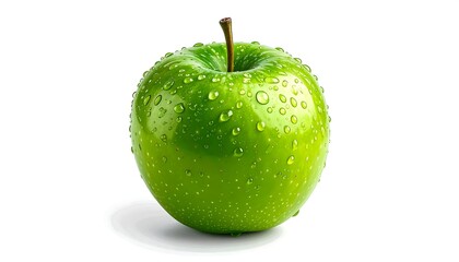Vibrant, isolated image of a Granny Smith apple, glistening with water droplets, against a crisp white background. Features stem