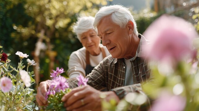 Seniors enjoy gardening together in a vibrant backyard during sunny afternoon