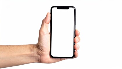 Hand holding a black smartphone with blank screen