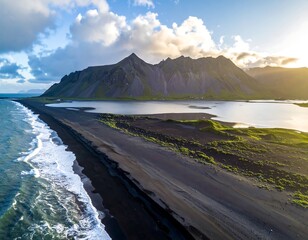Dramatic black sand beach meets ocean