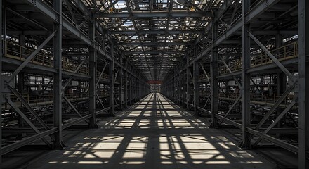 Steel framework forms a long, symmetrical tunnel inside a large industrial building, creating a sense of depth and architectural grandeur.