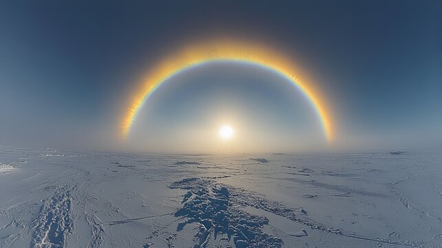 Sun halo over a vast, snowy, arctic landscape.