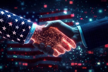 Digital partnership: futuristic handshake with usa flag and holographic design
