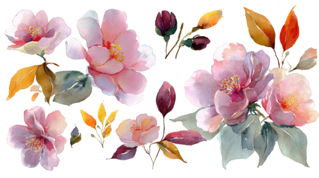 Delicate pink watercolor roses and leaves isolated on transparent background