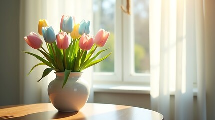 A vase filled with vibrant, multicolored tulips sits on a rustic wooden table