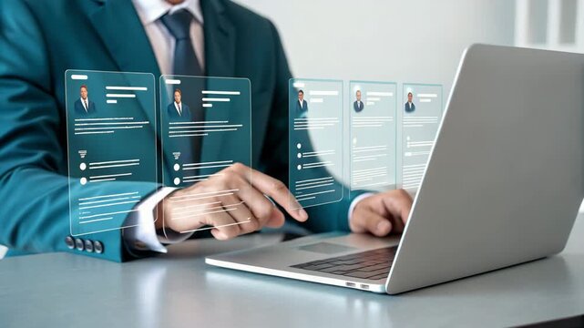 Man in suit using laptop with floating resumes for job applications and candidate selection process