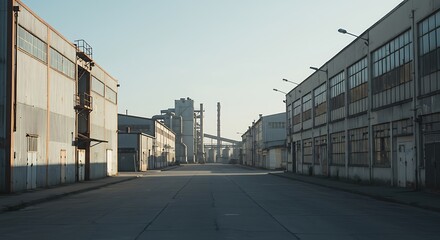 Obraz premium Industrial buildings stand along empty street in urban area during daytime, creating a sense of desolation and abandonment.