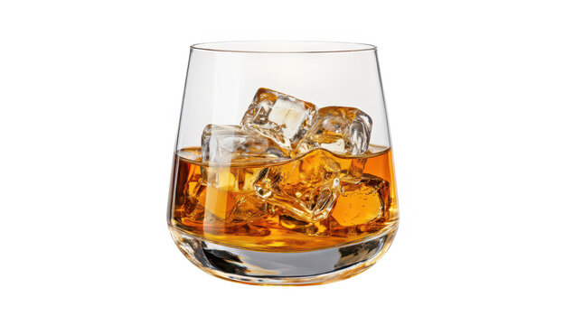 A close-up view of a glass tumbler filled with amber whiskey and ice cubes. set against a plain white background. highlighting the drinks clarity and color for beverage advertising or lifestyle imager