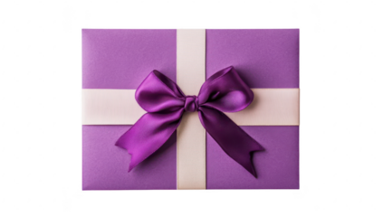 A beautifully wrapped purple gift box adorned with a satin bow. resting on a clean white surface. ideal for celebrations. special occasions. or as a thoughtful present
