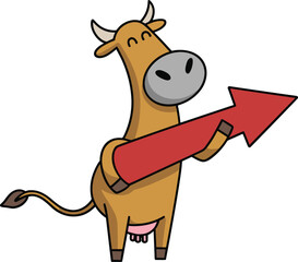 A cheerful and optimistic cartoon cow character holding a big red arrow pointing upwards, symbolizing success, growth, and positive direction in business and finance.