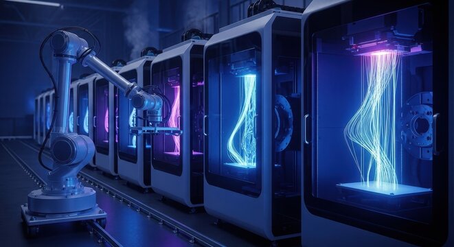 futuristic factory with robotic arm operating industrial 3d printers. glowing blue and purple filaments create complex parts. additive manufacturing concept. technology background.