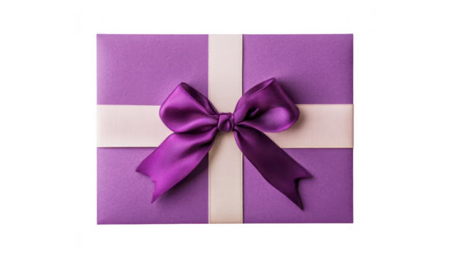 A beautifully wrapped purple gift box adorned with a satin bow. resting on a clean white surface. ideal for celebrations. special occasions. or as a thoughtful present