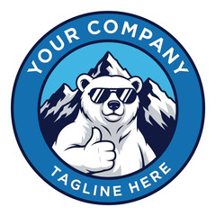 Cool polar bear thumbs up with mountains and company logo badge