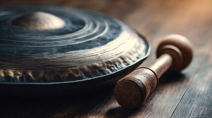 Close-Up of Traditional Gong and Wooden Mallet on Rustic Surface