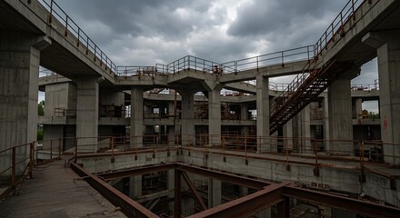 Fototapeta premium Concrete structure stands unfinished against a cloudy sky, showcasing the raw industrial architecture and potential for future development in an urban landscape.
