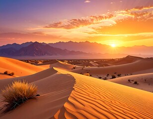 Golden desert sunset over mountains