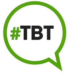 Green hashtag tbt speech bubble icon for social media throwback