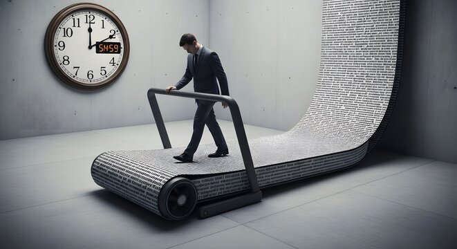 A person in business attire walks on a treadmill made of a long scroll of paper in a gray room. A clock on the wall suggests a time crunch.