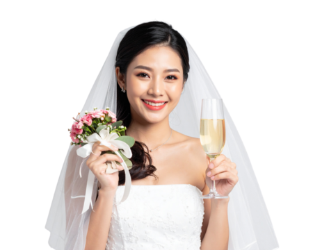 Smiling Future Bride Holding Bouquet and Champagne, Front View, Isolated on Grey