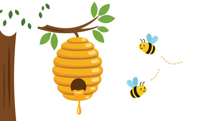 Sweet summer scene two busy bees fly towards a beehive hanging from a tree branch with green leaves and a brown trunk isolated on transparent background © rsvect02