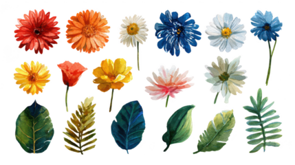 Collection of colorful flowers and leaves isolated on transparent background