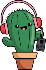 A charming cactus character wearing headphones and holding a music player, enjoying its favorite tunes with a happy, smiling face.