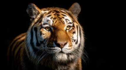 Obraz premium Majestic Tiger Staring Intently in Natural Light Against Dark Background