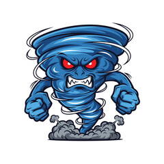 Fierce blue tornado character with angry red eyes and clenched fists