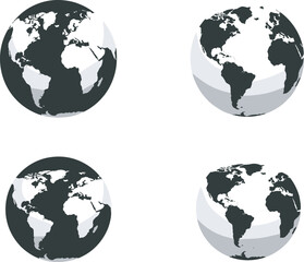 Earth globe icons, black and white map, continent views, global geography, vector planet, minimal design, world illustration, international concept