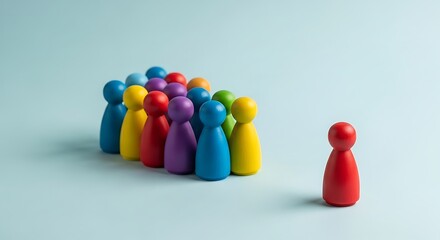 One red pawn separates from the group