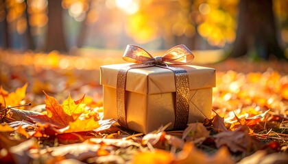 Golden gift box in autumn leaves (1)
