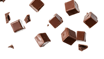 A dynamic arrangement of various chocolate cubes in mid-air. their glossy texture and rich color against a clean white background. perfect for culinary or confectionery use