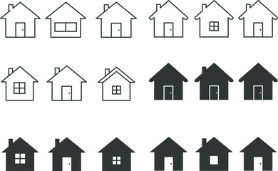 Fototapeta premium House icon comparison, black and white homes, residential design set, architecture symbols, vector illustration, minimal layout, urban planning, building concept