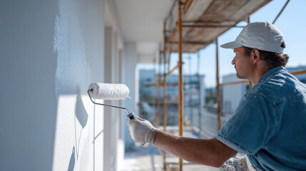 Painter holding paint roller, painting white exterior wall of under construction house that is nearing completion. working applying a white prime on a wall