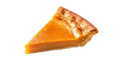 A slice of freshly baked pumpkin pie with a golden crust. its smooth. rich filling. placed on a clean white background. ideal for autumn-themed culinary content or dessert recipes