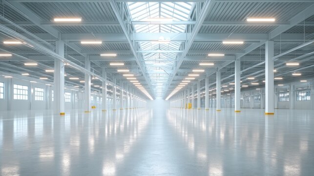 Vast Industrial Warehouse Interior with Bright Overhead Lighting and Reflective Polished Concrete Floor