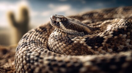Obraz premium Close-Up of a Coiled Rattlesnake in Desert Landscape with Cactus in Background, Showcasing Intricate Scale Patterns and Serpentine Presence in Natural Habitat