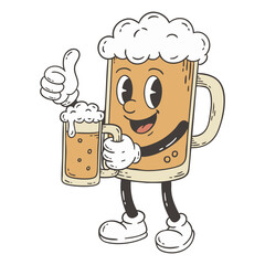 Retro Doodle Beer Mascot Illustration Holding a Glass of Beer
