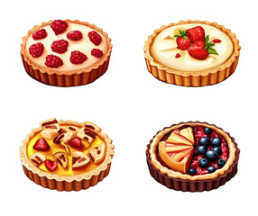 Four delicious fruit tarts isolated on transparent background
